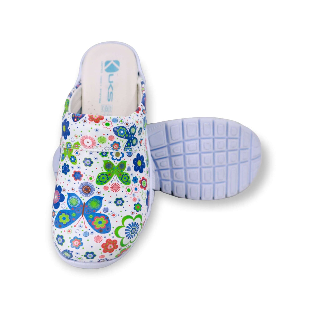 A pair of handmade butterfly design leather clogs with a Comfortflex sole placed side by side