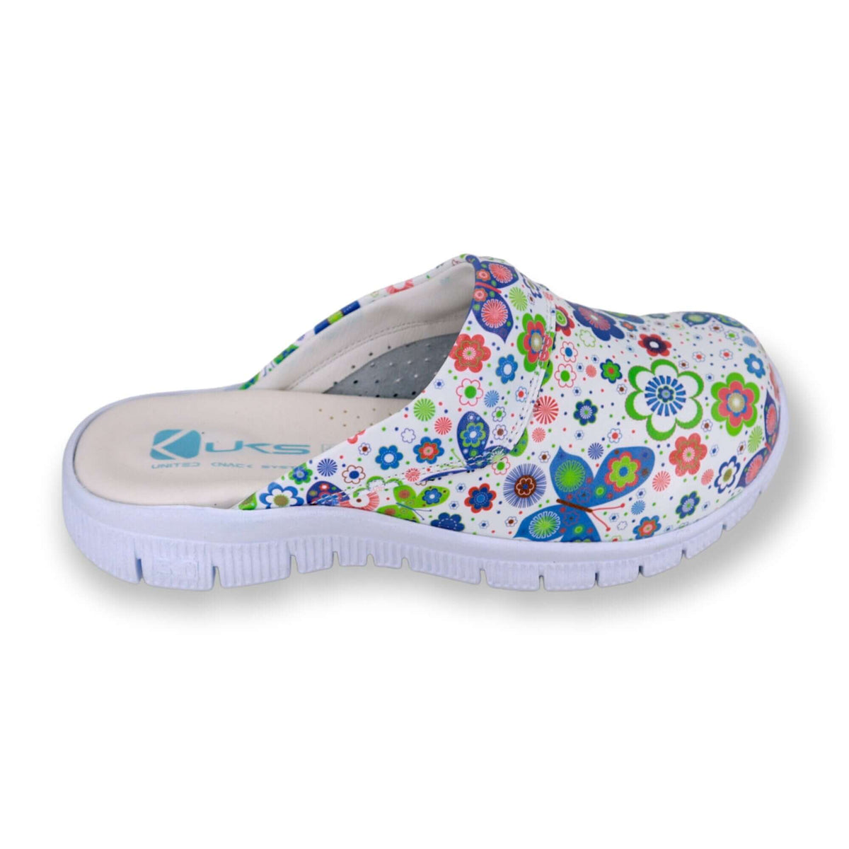Handmade butterfly design leather clogs with a Comfortflex sole worn on the foot