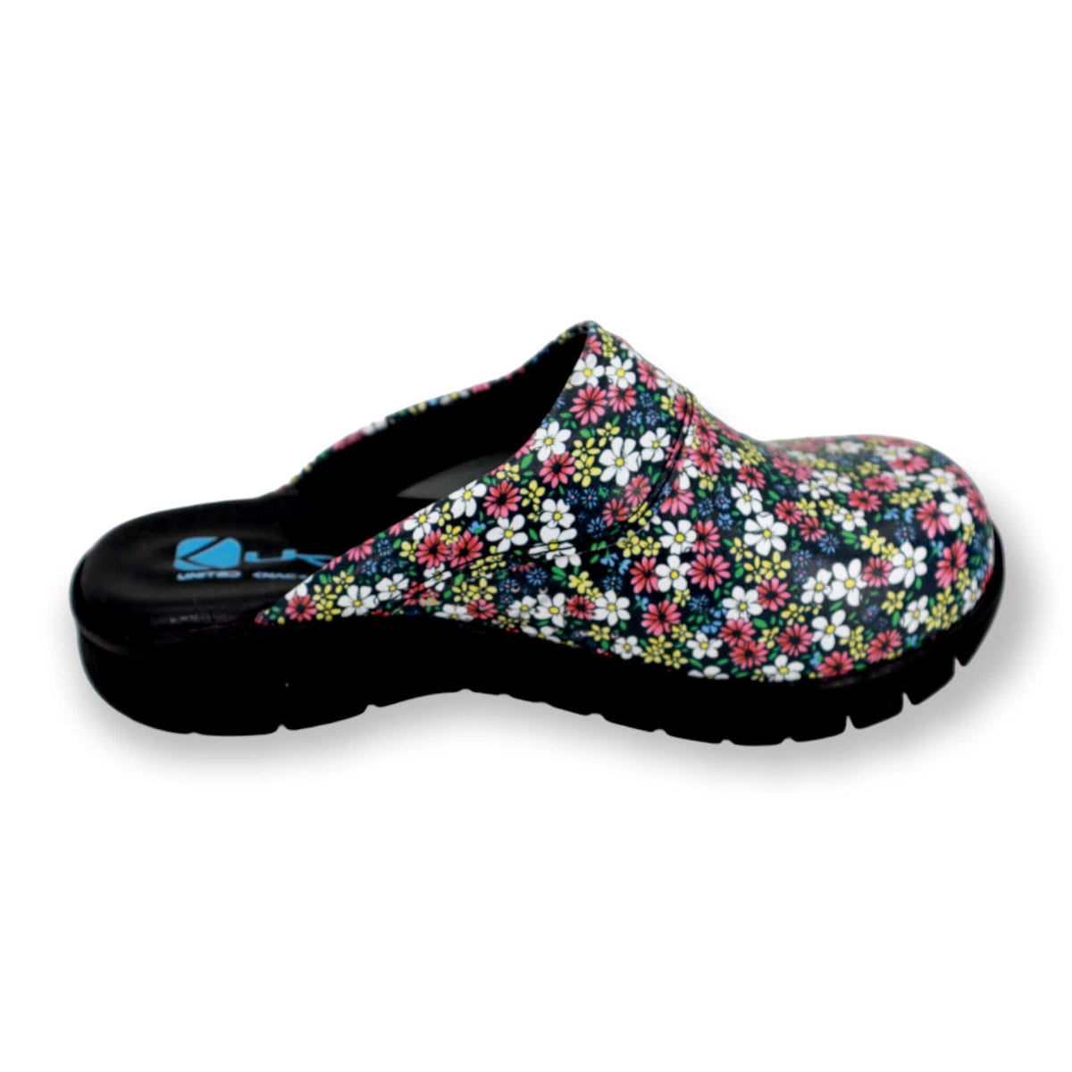 Side profile of handmade unisex purple flower leather clogs with a Comfortflex sole