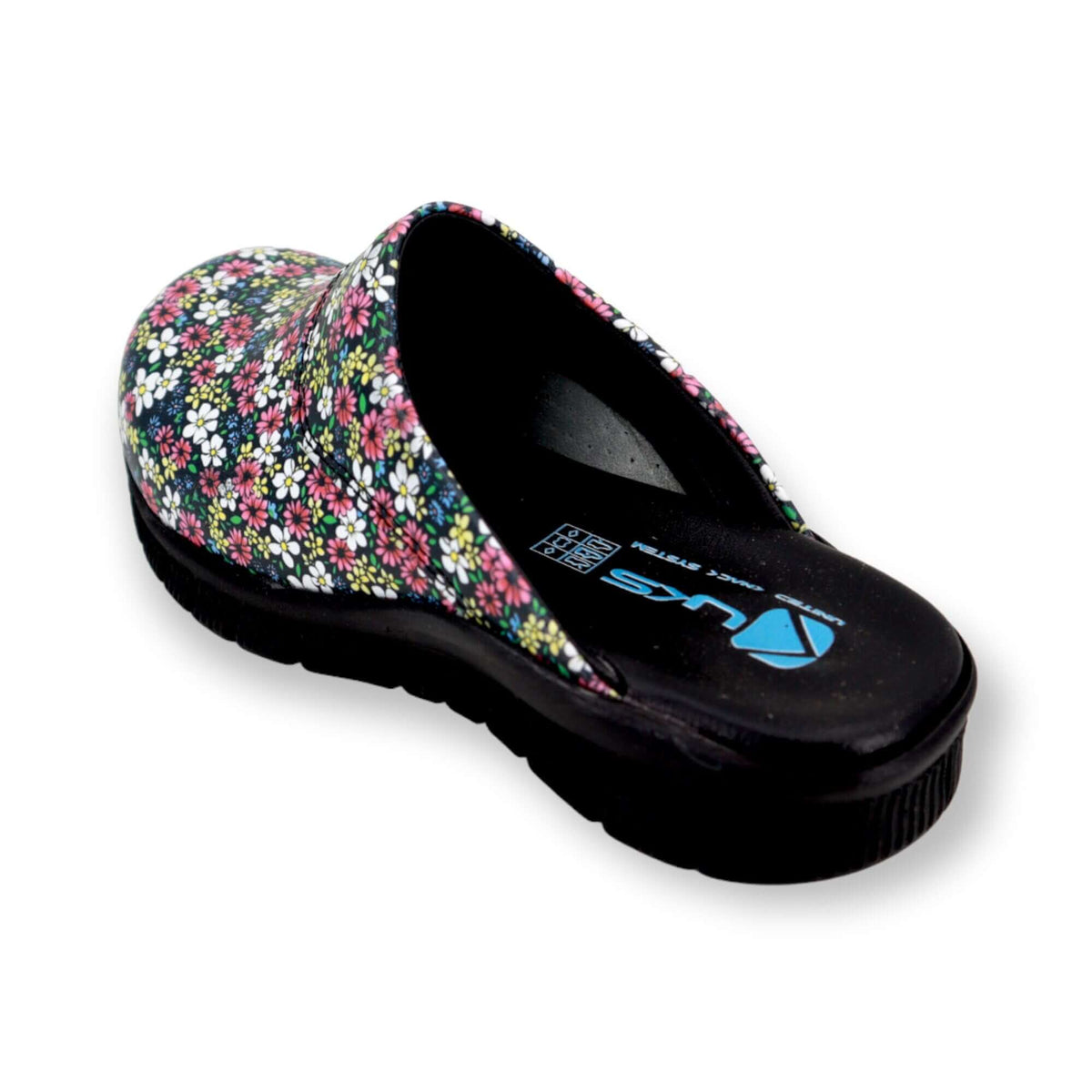Handmade unisex purple flower leather clogs with a Comfortflex sole worn on the foot
