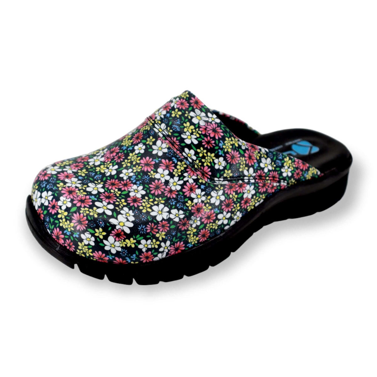 Front view of handmade unisex purple flower leather clogs with a Comfortflex sole