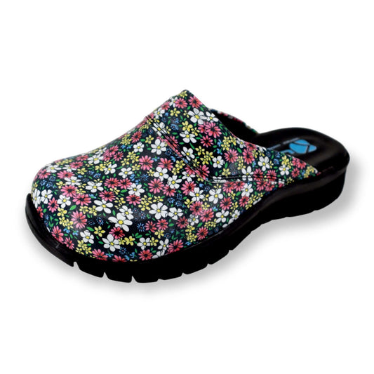 Front view of handmade unisex purple flower leather clogs with a Comfortflex sole