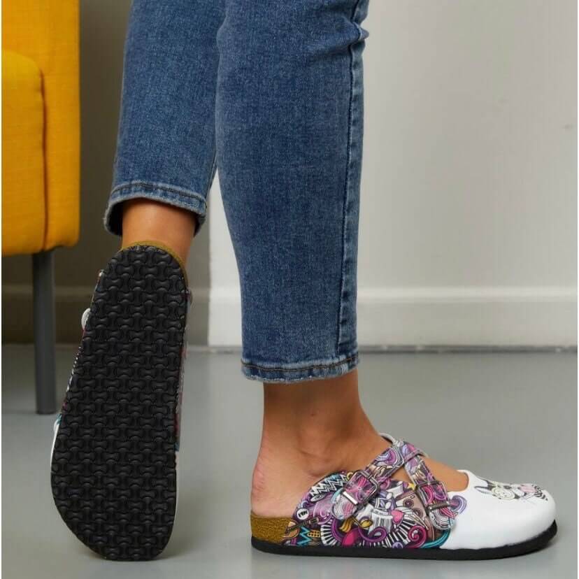 Orthopedic footbed of the dog print cork sole leather clogs
