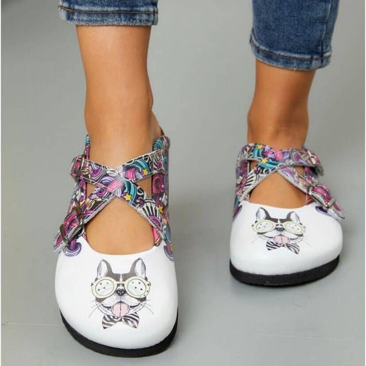Funny dog print leather clogs with cork sole, front view