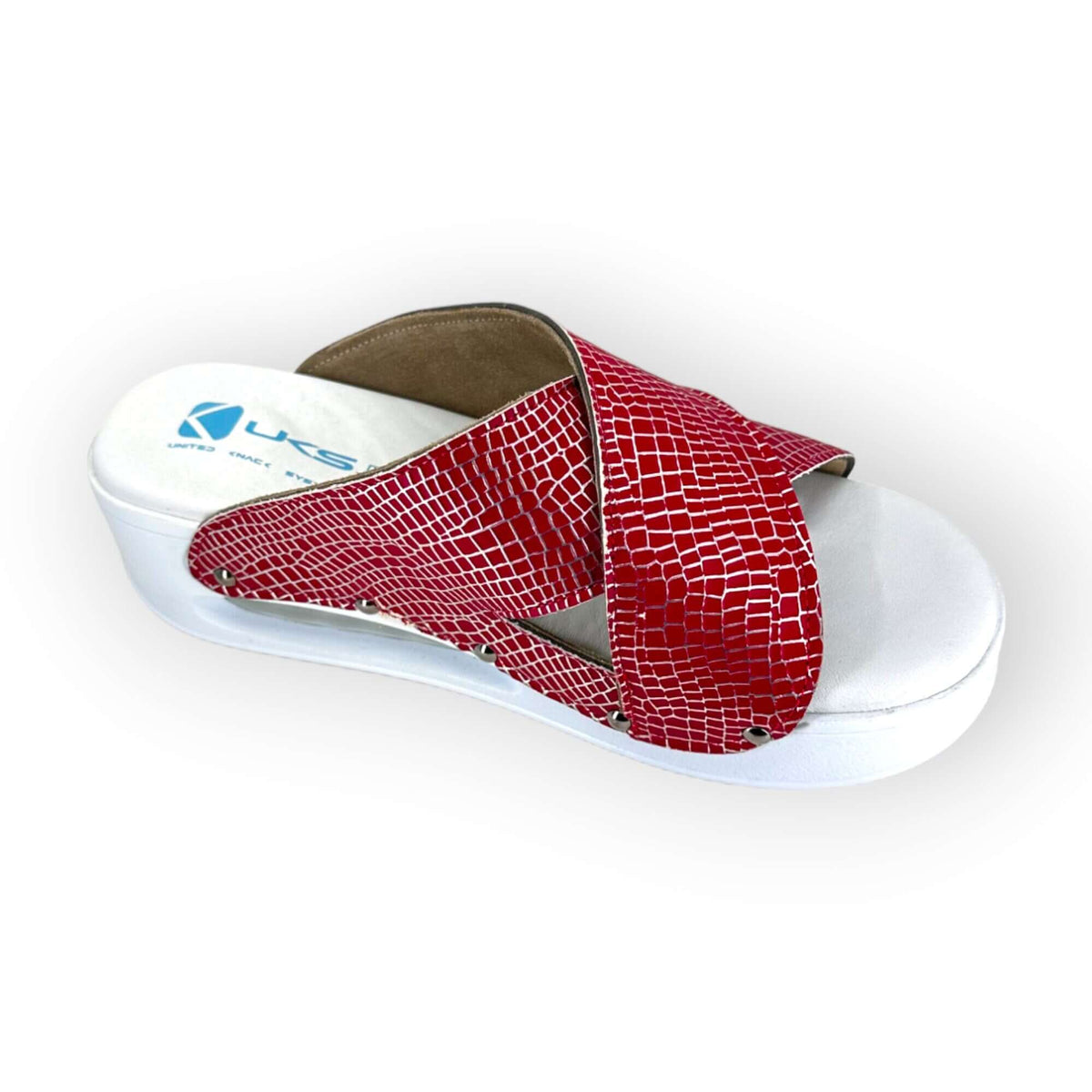 Footbed detail of red and silver cross band leather clogs with an Air Clogx sole