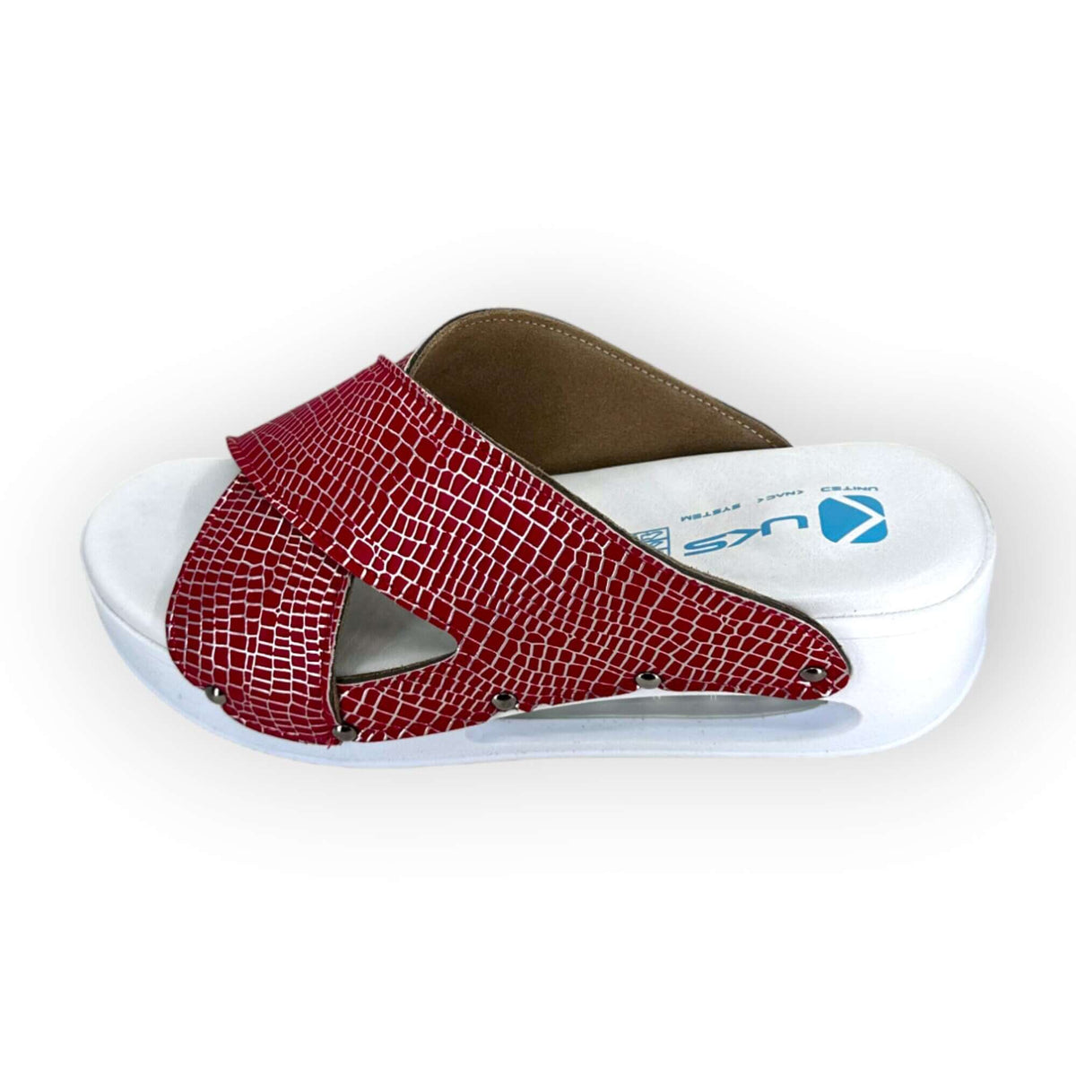 Red and silver cross band leather clogs with an Air Clogx sole worn on the foot