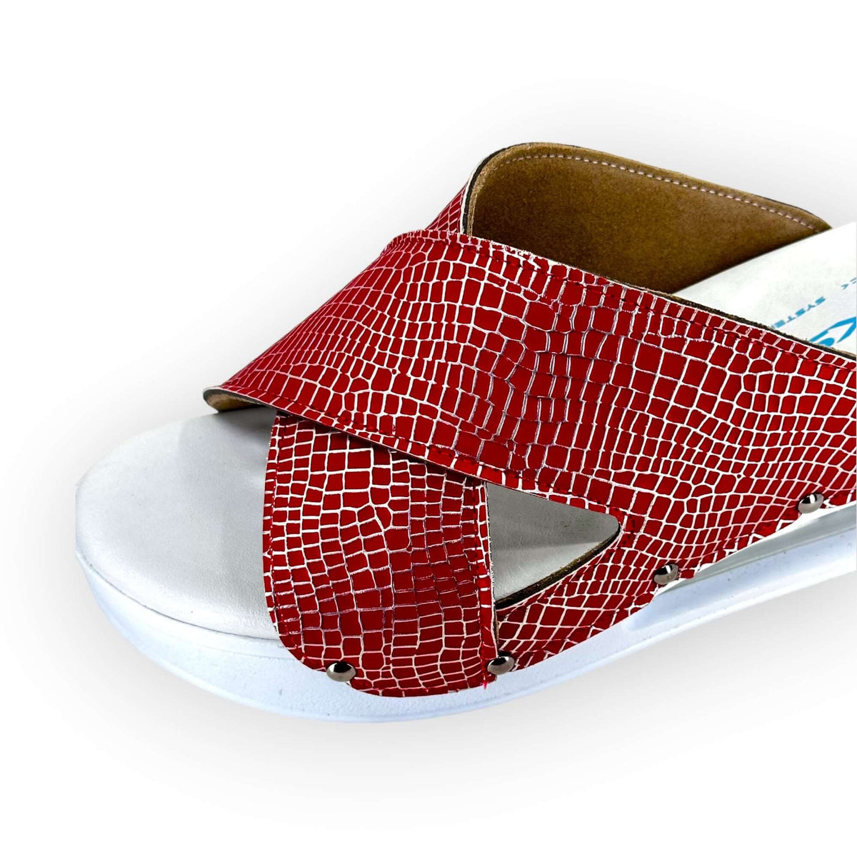 Front view of red and silver cross band leather clogs with an Air Clogx sole