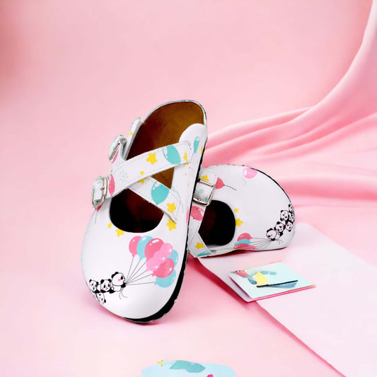 Front view of orthopedic panda balloon cross band clogs with a cork sole