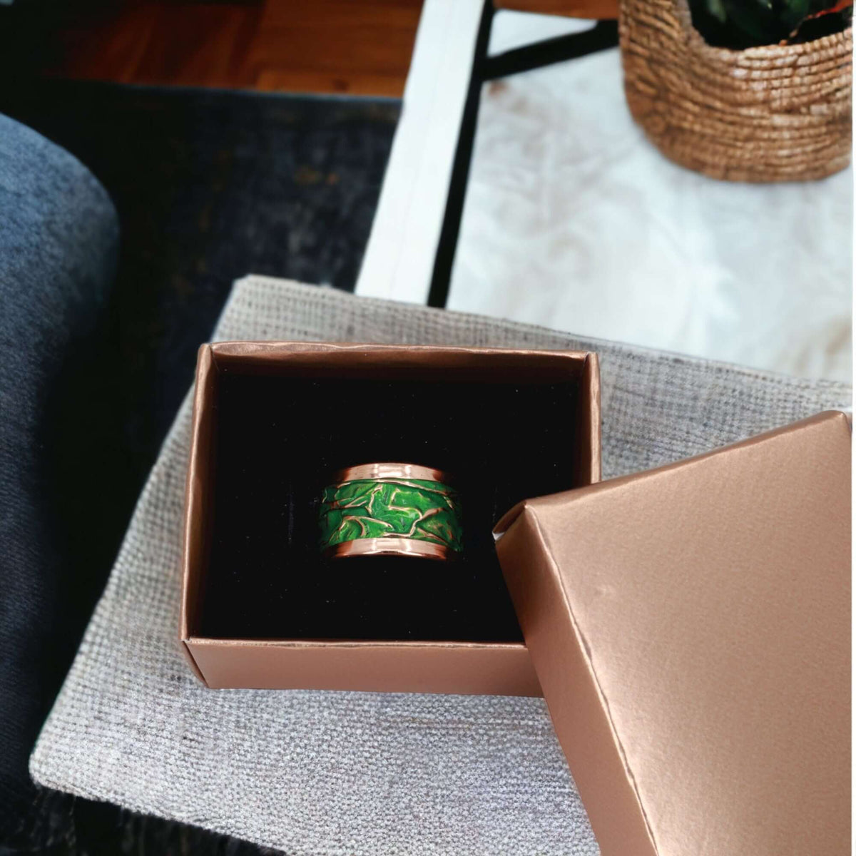 Side angle of handmade green wrinkled copper adjustable ring