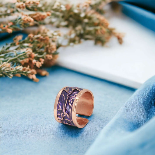 Front view of purple wrinkled copper adjustable ring