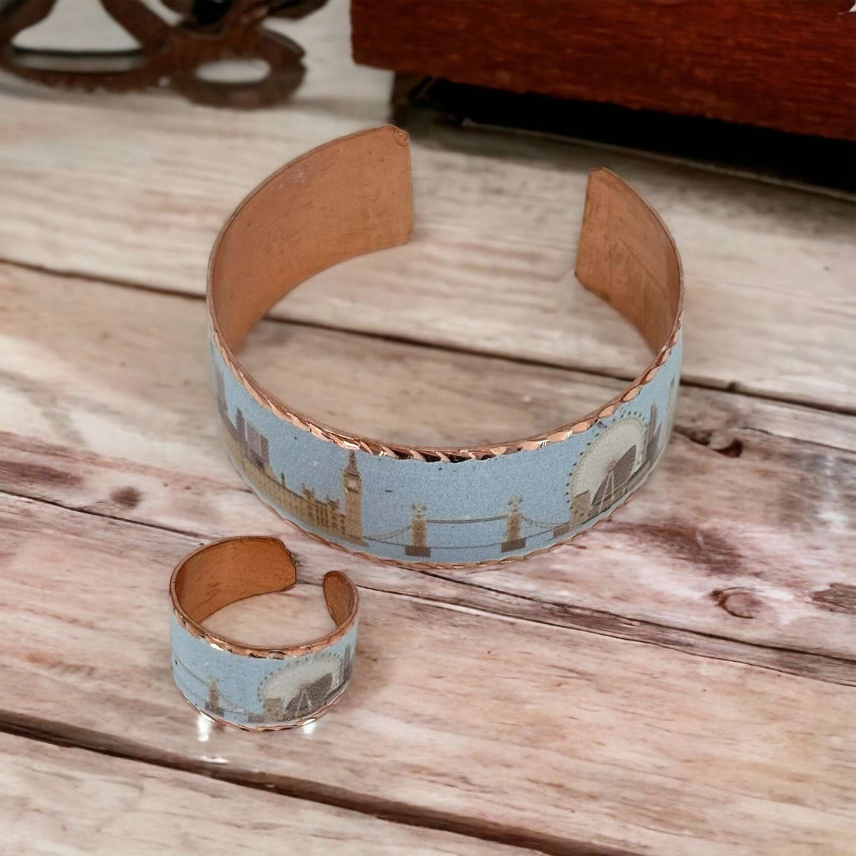 Bracelet from the London design copper jewellery set worn on the wrist