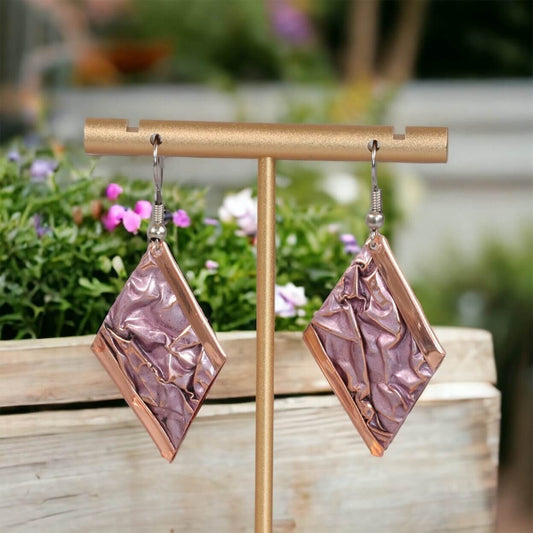 Close-up of the copper texture on handcrafted artisan wrinkled copper earrings