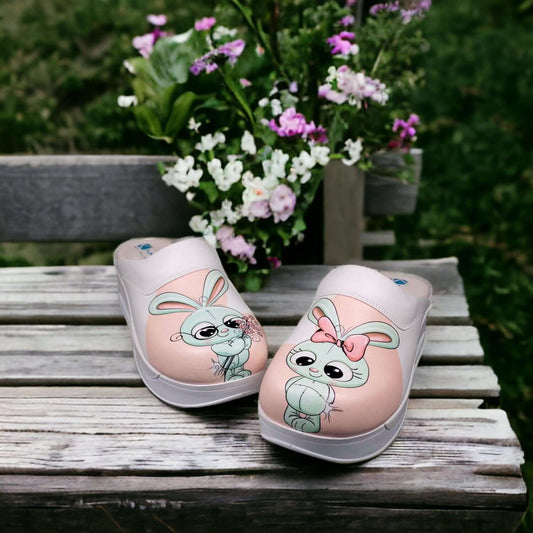 Front view of bunny design leather clog slippers in style 2 with an Air Clogx sole