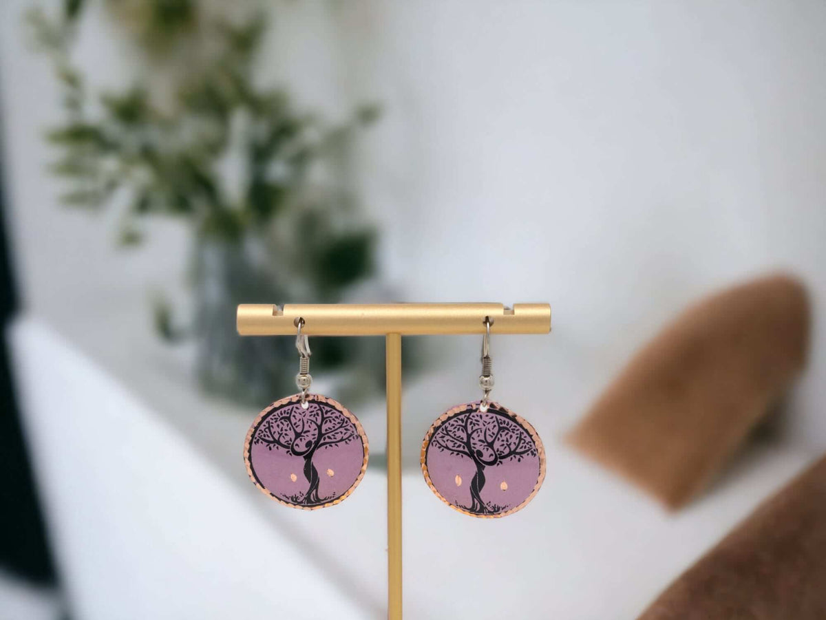 Front view of handcrafted lavender tree copper circle earrings