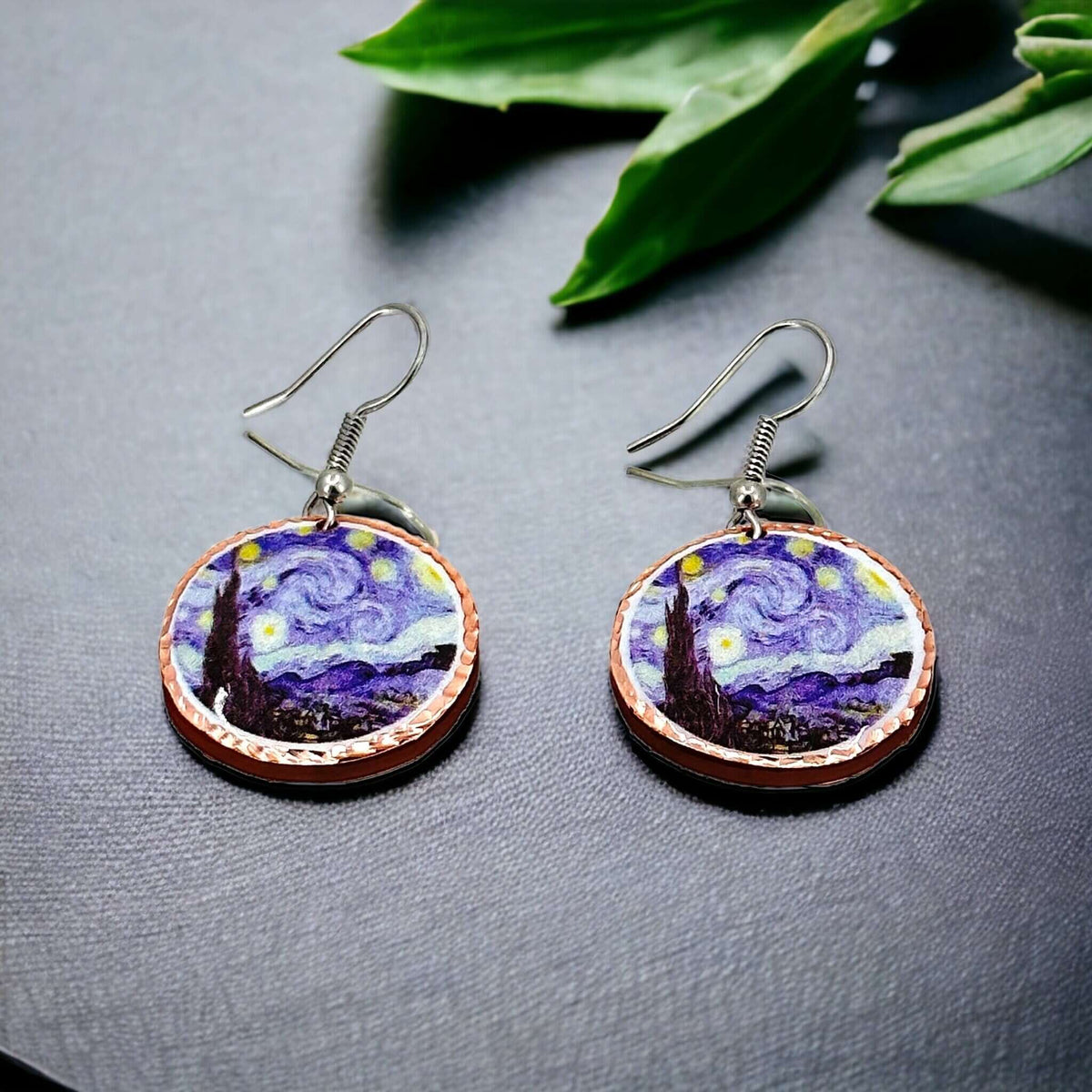 Close-up of the copper texture in three-piece Van Gogh Starry Night copper jewellery set
