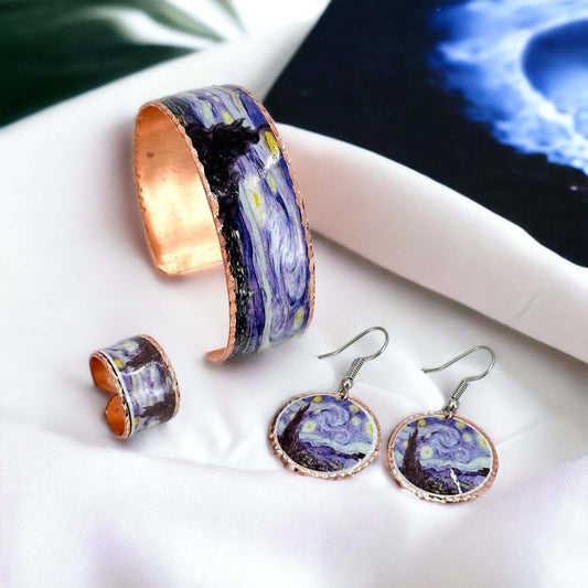 The full three-piece Van Gogh Starry Night copper jewellery set laid flat