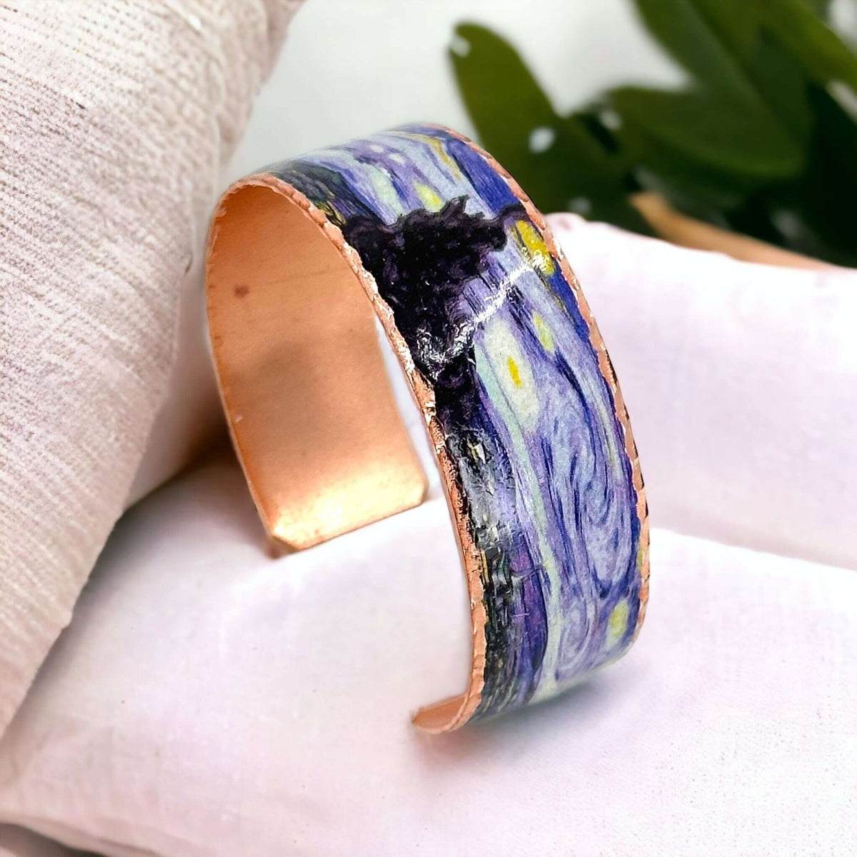 Side angle of three-piece Van Gogh Starry Night copper jewellery set