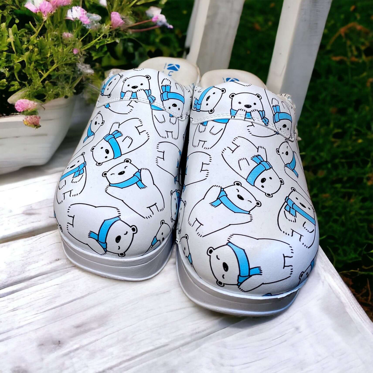 Sole and tread detail of handmade polar bear design leather clogs with an Air Clogx sole