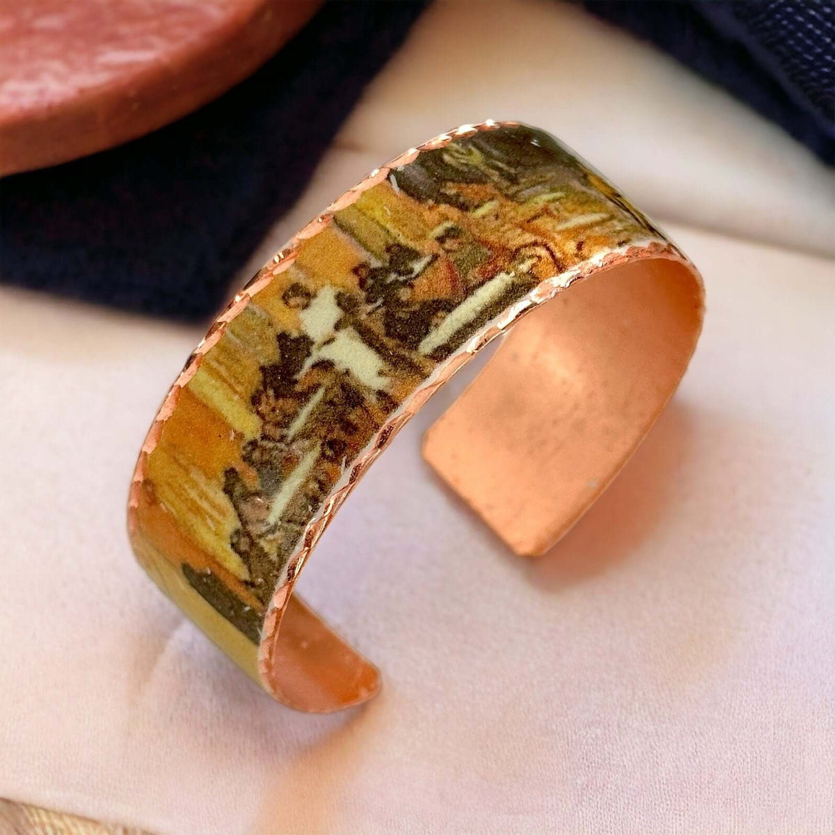Side angle of Van Gogh Café Terrace at Night copper jewellery set