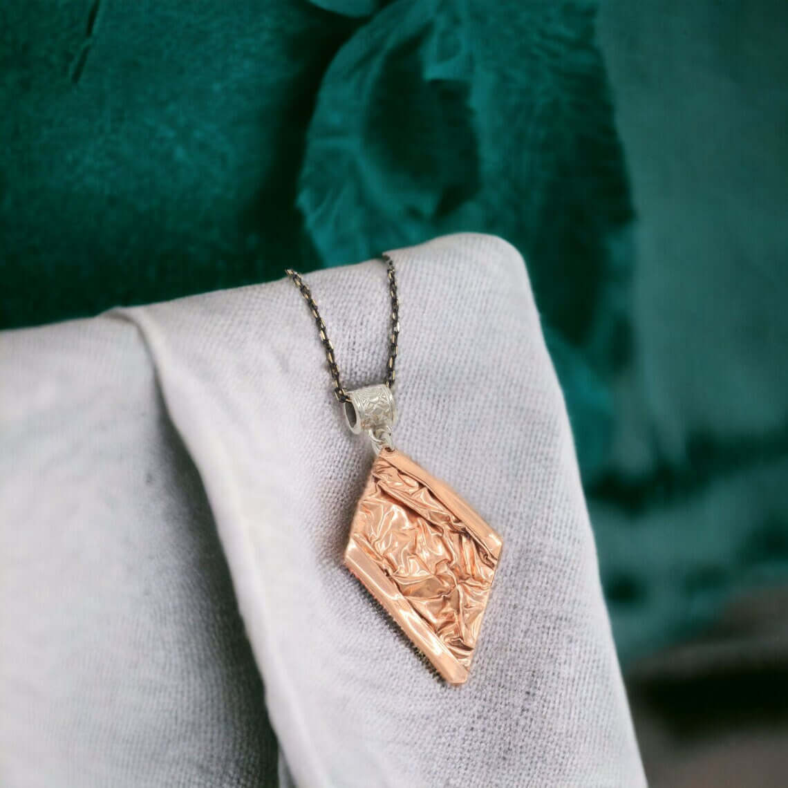 Bracelet from the handcrafted wrinkled copper jewellery set worn on the wrist