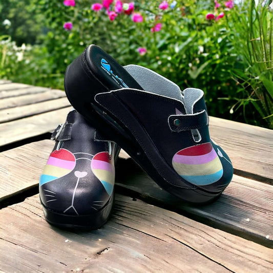 Front view of colourful cat glasses leather clogs with an Air Clogx sole