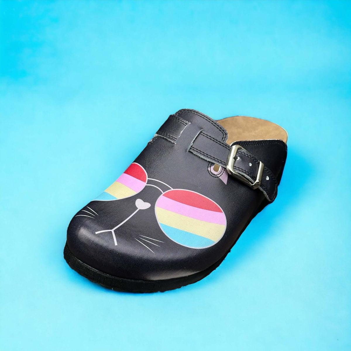 Orthopedic cat glasses leather clogs with a cork sole worn on the foot