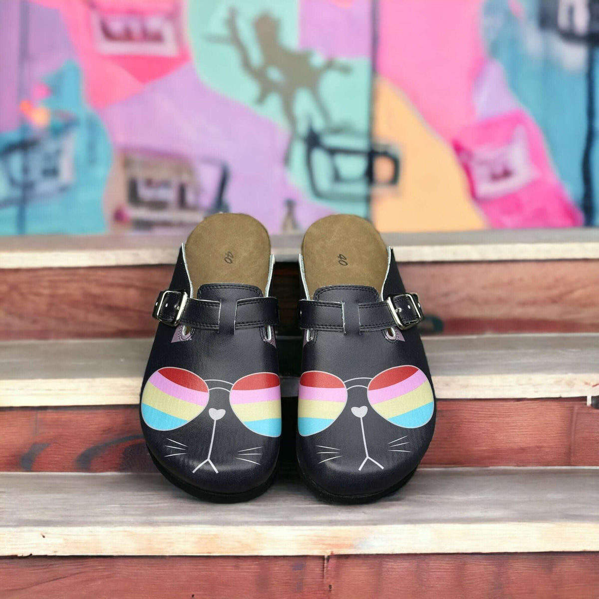Front view of orthopedic cat glasses leather clogs with a cork sole