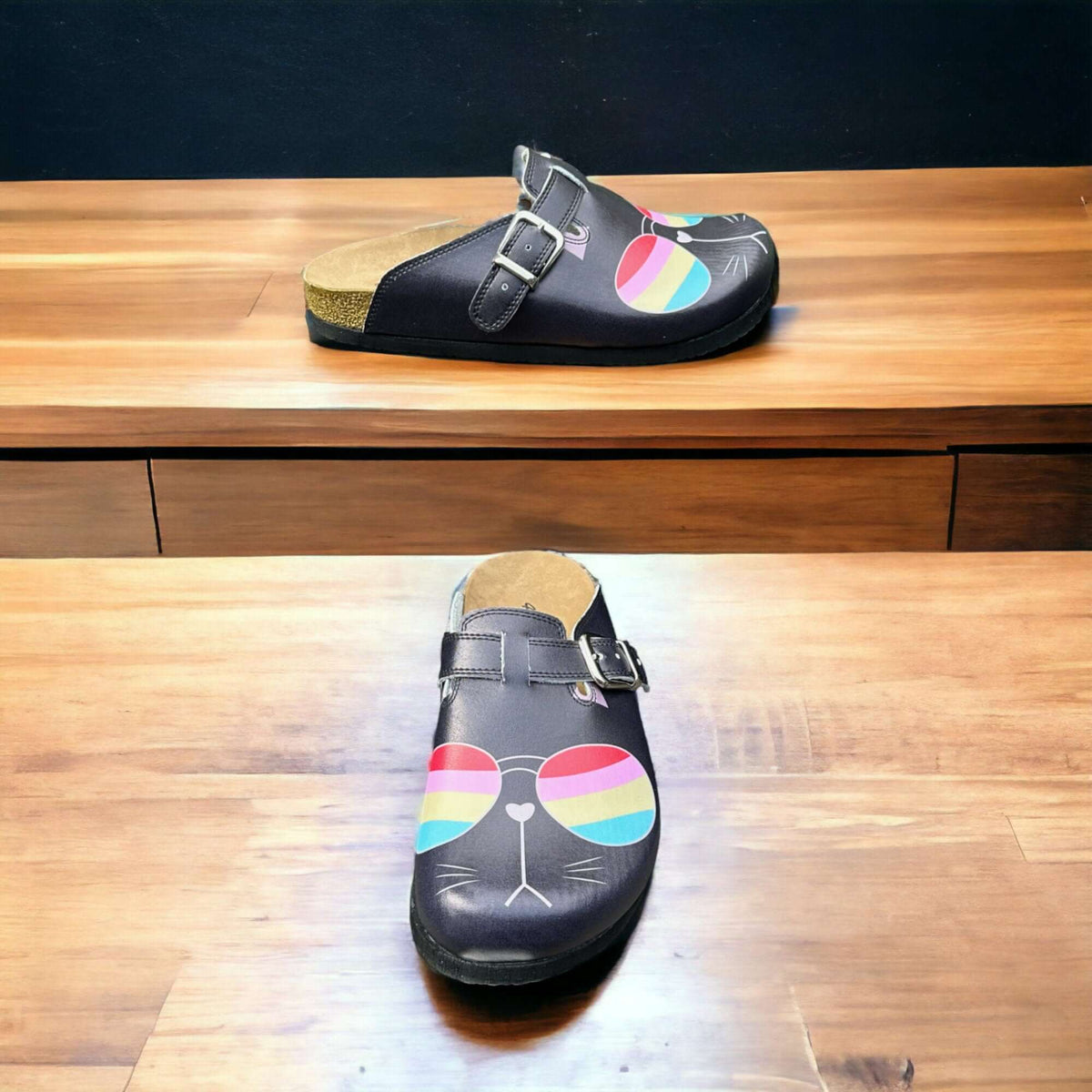 Top-down view of orthopedic cat glasses leather clogs with a cork sole