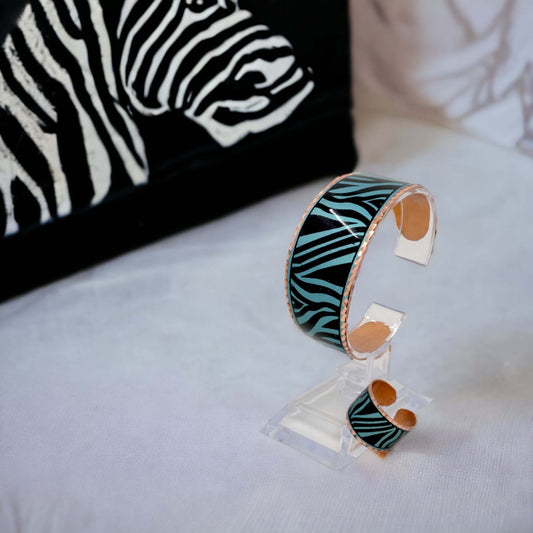 Front view of adjustable turquoise copper ring and bracelet set