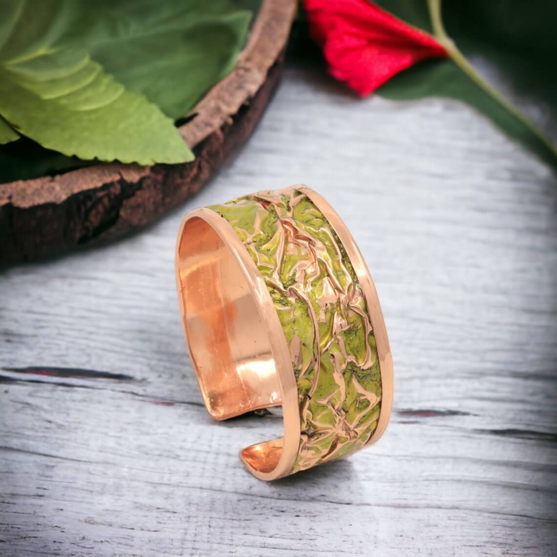 Close-up of the copper texture in four-piece yellow wrinkled copper jewellery set
